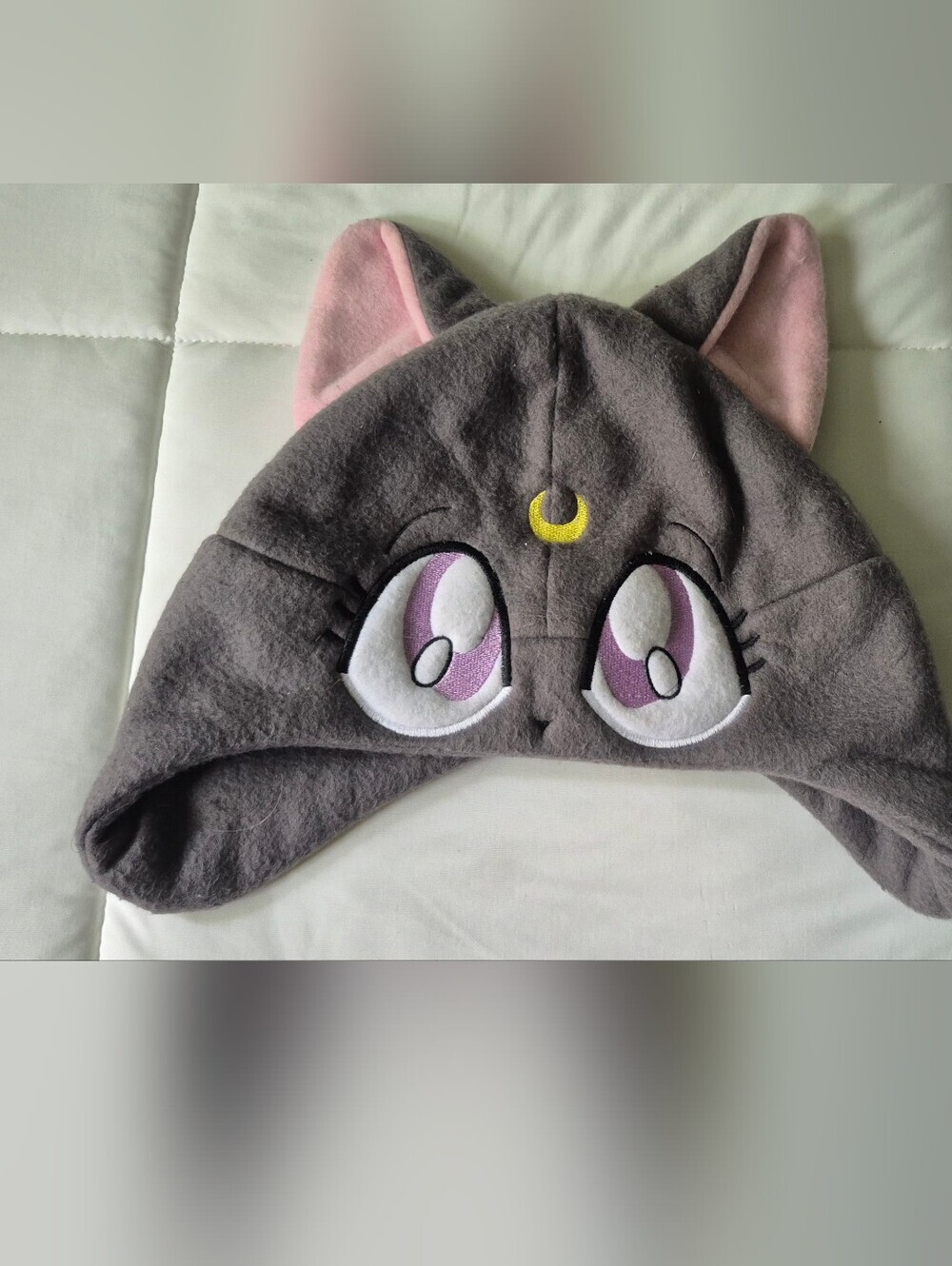Gray Cat-Ear Fleece Hat with Pink Lining and Purple Eyes